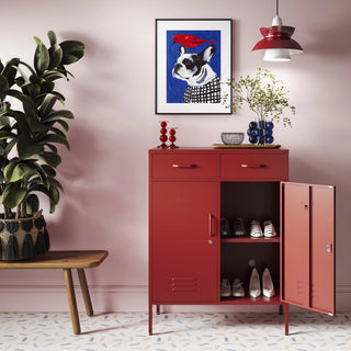 Metal storage locker with 2 doors and 2 drawers in red