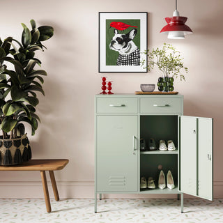 the Kensington in Sage Green, a 2 Door, 2 Drawer Metal Locker, open to reveal 2 shelves with shoes.