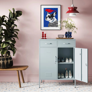 the Kensington in Sky Blue, a 2 Door, 2 Drawer Metal Locker open to reveal 2 shelves with shoes