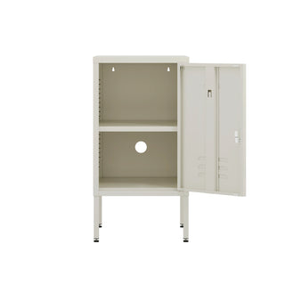 The Camden metal bedside table storage locker in vanilla, with the door open