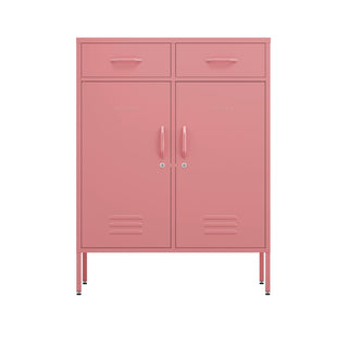 Two door metal locker with two drawers above in flamingo pink