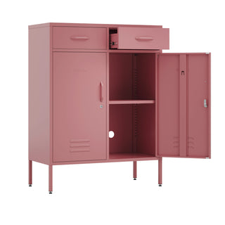 The Kensington 2 door, 2 drawer metal locker in flamingo, with a white background. One door open to reveal a shelf