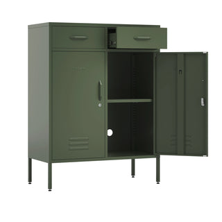 The Kensington 2 door, 2 drawer metal locker in forest green, with a white background. One door open to reveal a shelf