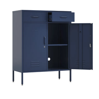 The Kensington 2 door, 2 drawer metal locker in navy blue, with a white background. One door open to reveal a shelf