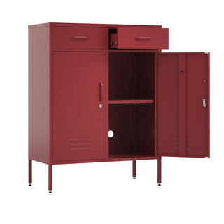 Metal storage locker with 2 doors and 2 drawers in red