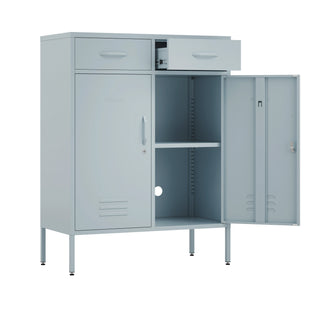 The Kensington 2 door, 2 drawer metal locker in sky blue, with a white background. One door open to reveal a shelf.