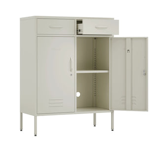 The Kensington 2 door, 2 drawer metal locker in vanilla, with a white background. One door open to reveal a shelf