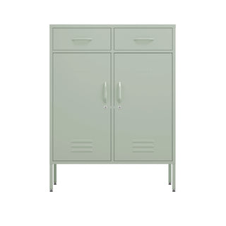two door, two drawer metal storage locker in sage green