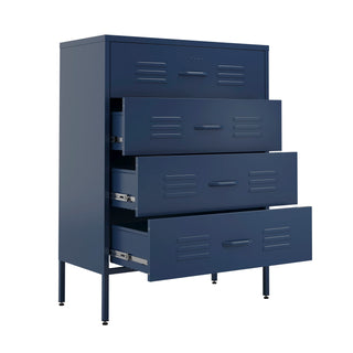 The Harrow metal drawers in navy blue with 4 drawers and 3 of them open