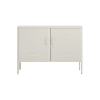 The oxford 2 door metal storage locker in vanilla white.