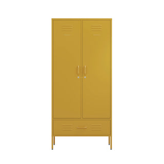 two door, one drawer metal wardrobe locker in mustard yellow