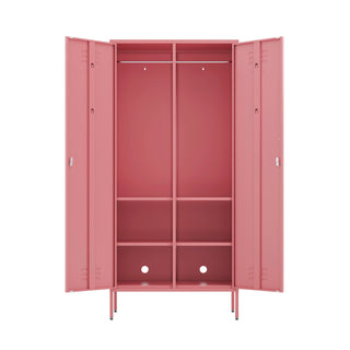 The Chelsea double-door, metal wardrobe locker in flamingo pink, with both doors open