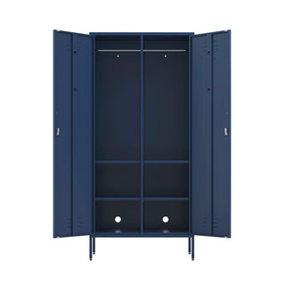 The Chelsea double-door, metal wardrobe locker in navy blue, with both doors open