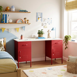 The Double Bromley Children/Teenage Desk with Red Lockers - White Desktop - Urban Lockers
