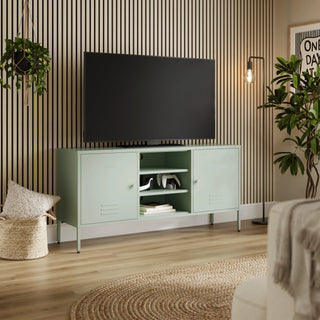The Henley metal TV stand and media unit in sage with two cupboards and open central shelving.