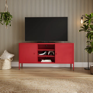 The Henley metal TV stand and media unit in red with two cupboards and open central shelving.