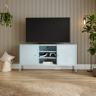 The Henley metal TV stand and media unit in sky blue with two cupboards and open central shelving.