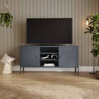 Henley TV stand with two cupboards and open shelving, styled beneath a TV in a living room