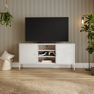 The Henley metal TV stand and media unit in vanilla with two cupboards and open central shelving.