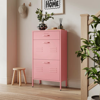 The Shoreditch shoe cabinet in flamingo with a top drawer, two lower shoe compartments and matching handles, styled in a hallway.
