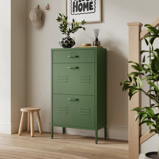 The Shoreditch shoe cabinet in forest with a top drawer, two lower shoe compartments and matching handles, styled in a hallway.