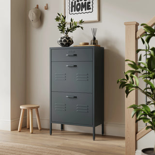 The Shoreditch shoe cabinet in grey with a top drawer, two lower shoe compartments and matching handles, styled in a hallway.