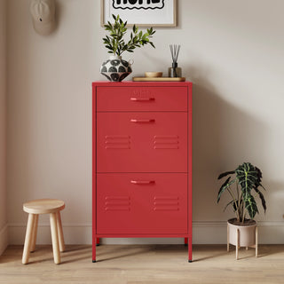 The Shoreditch shoe cabinet in red with a top drawer, two lower shoe compartments and matching handles, styled in a hallway.