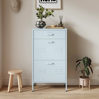 The Shoreditch shoe cabinet in sky blue with a top drawer, two lower shoe compartments and matching handles, styled in a hallway.