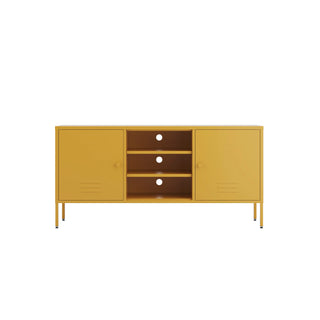 The Henley metal TV stand and media unit in mustard with two cupboards and open central shelving.