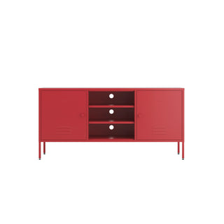 The Henley metal TV stand and media unit in red with two cupboards and open central shelving.