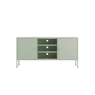 The Henley metal TV stand and media unit in sage with two cupboards and open central shelving.