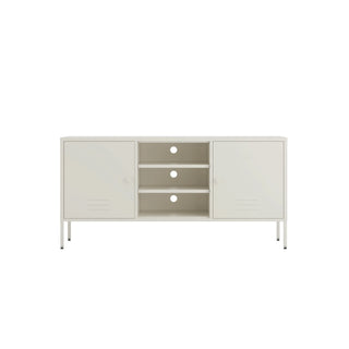 The Henley metal TV stand and media unit in vanilla with two cupboards and open central shelving.