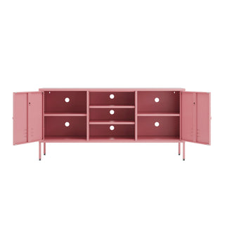 The Henley metal TV stand and media unit in flamingo with two cupboards and open central shelving.