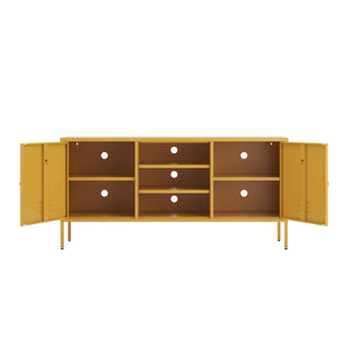 The Henley metal TV stand and media unit in mustard with two cupboards and open central shelving.