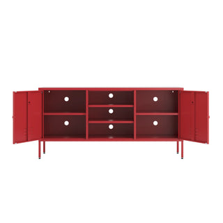 The Henley metal TV stand and media unit in red with two cupboards and open central shelving.
