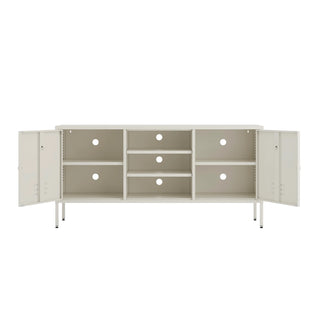The Henley metal TV stand and media unit in vanilla with two cupboards and open central shelving.