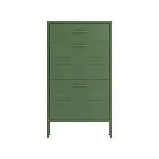 The Shoreditch shoe cabinet in forest with a top drawer, two lower shoe compartments and matching handles, styled in a hallway.