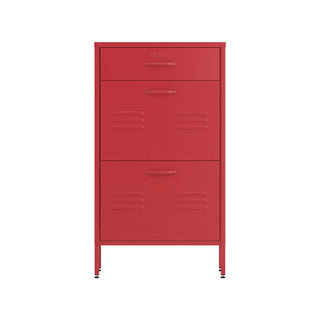 The Shoreditch shoe cabinet in red with a top drawer, two lower shoe compartments and matching handles, styled in a hallway.