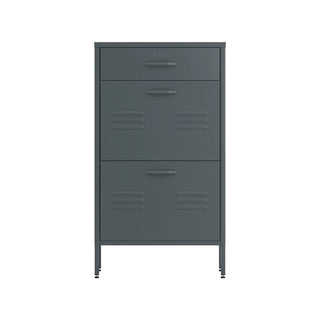 The Shoreditch shoe cabinet in grey with a top drawer, two lower shoe compartments and matching handles, styled in a hallway.